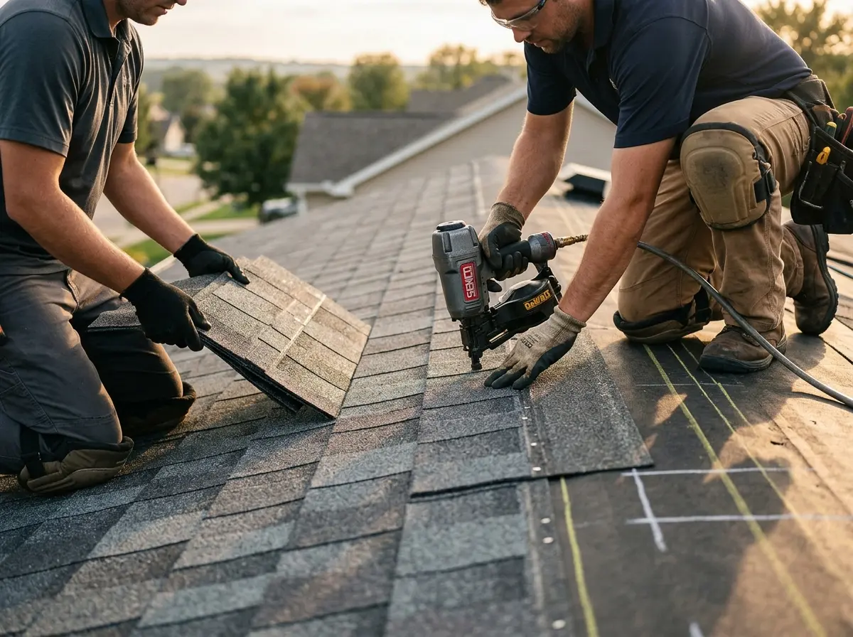 Professional roofer working on a residential roof in Eagle